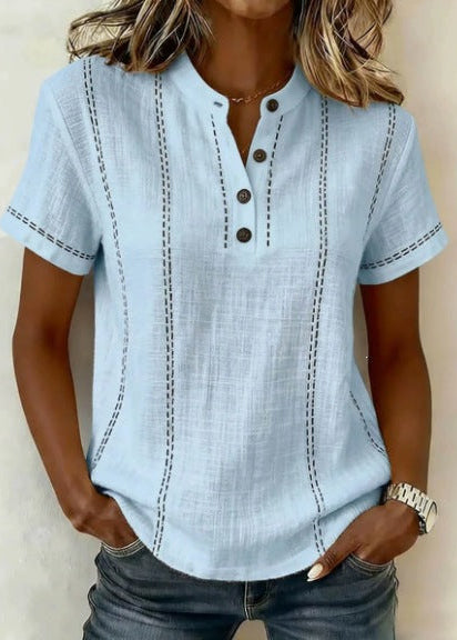 Gestreifte Damenbluse Mit Kurzen Ärmeln, Stehkragen, V-Ausschnitt Und Knopfleiste – Patchwork-Design