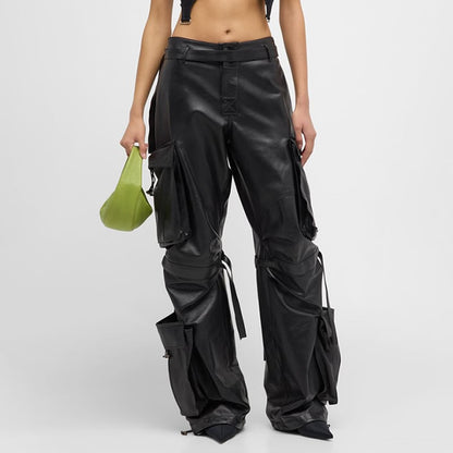 Damen-Hose mit hohem Bund und geradem Bein – Leder-Look Stil