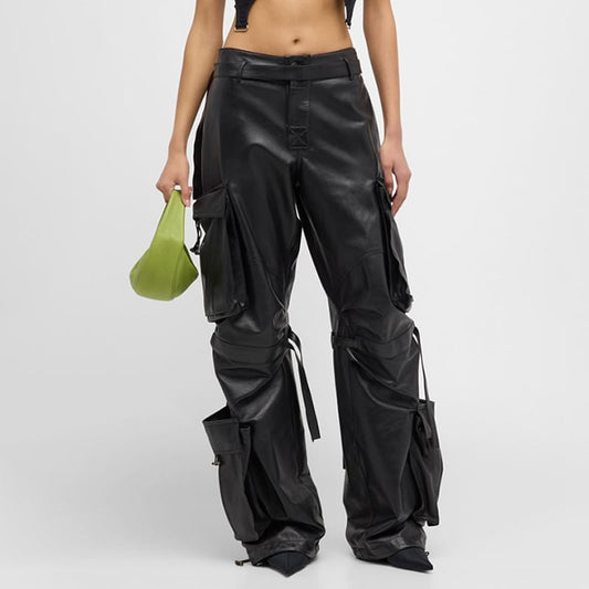 Damen-Hose mit hohem Bund und geradem Bein – Leder-Look Stil