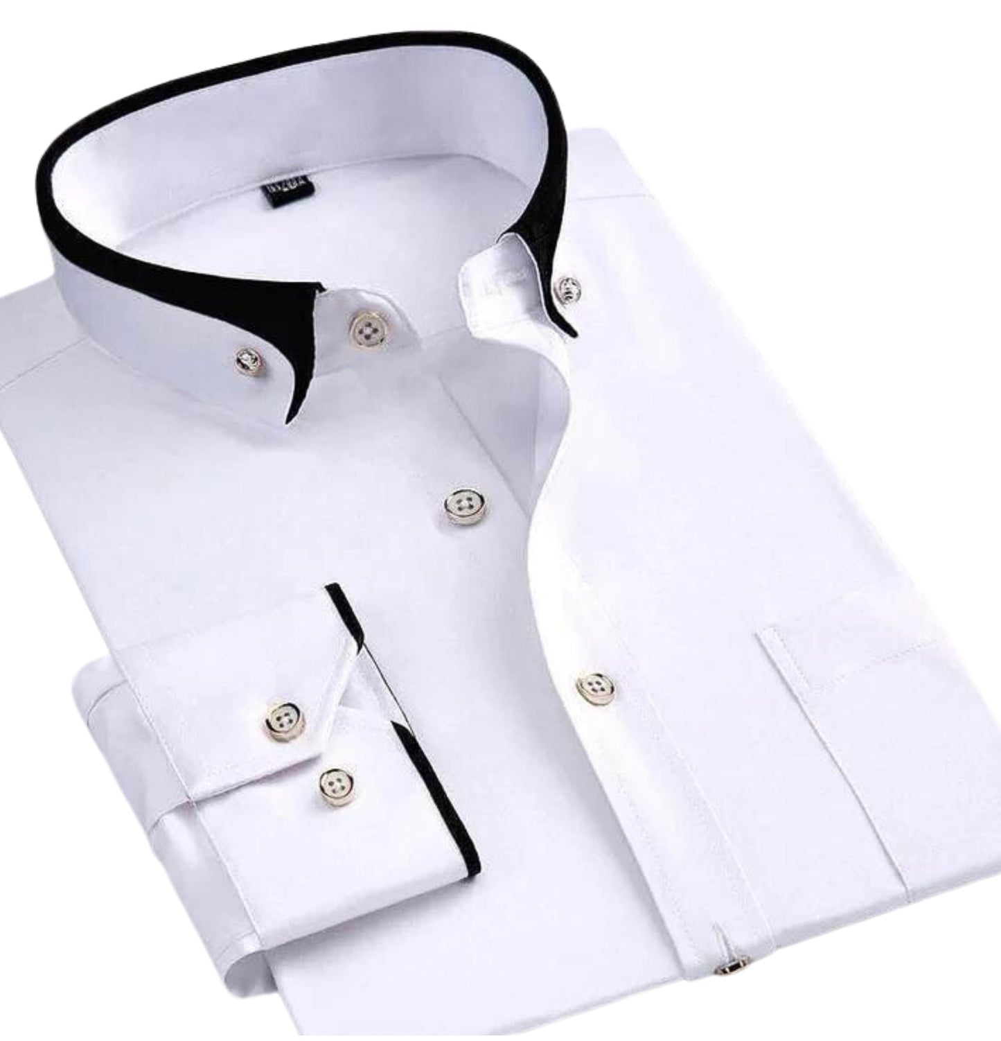 Weiße Herrenhemd mit schwarzem Kragen und Manschetten, elegantes Design, langärmlig, Business-Stil, gefaltet, Knopfleiste, Baumwolle.