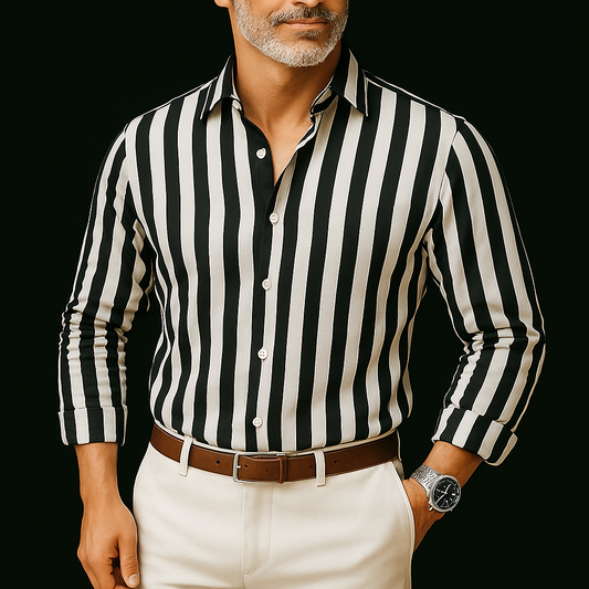 Men's Summer Shirt Striped Button Placket Sharp Collar