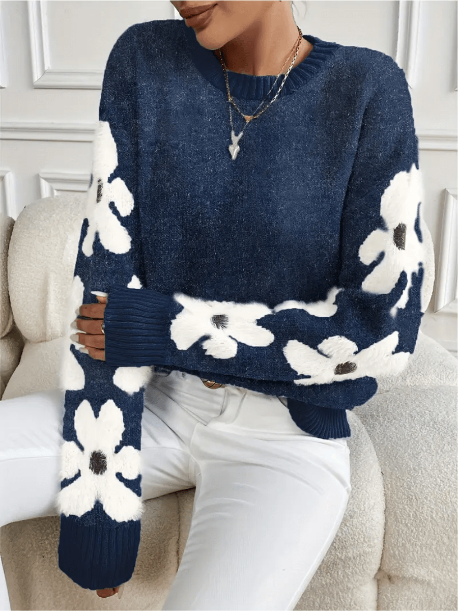 Women's autumn sweater with floral pattern and loose fit