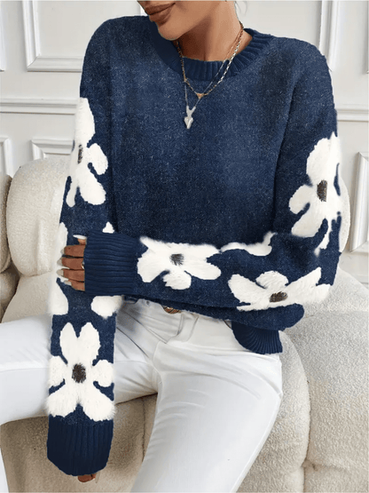 Women's autumn sweater with floral pattern and loose fit