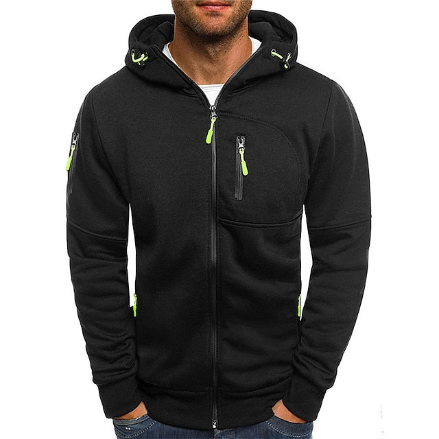Schwarze Herren-Kapuzenjacke mit Reißverschlüssen und grünen Akzenten, sportlich und modern, ideal für Freizeit und Outdoor-Aktivitäten.