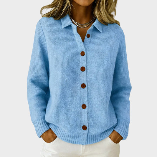 Women's Knit Cardigan with Button Placket and Structured Collar