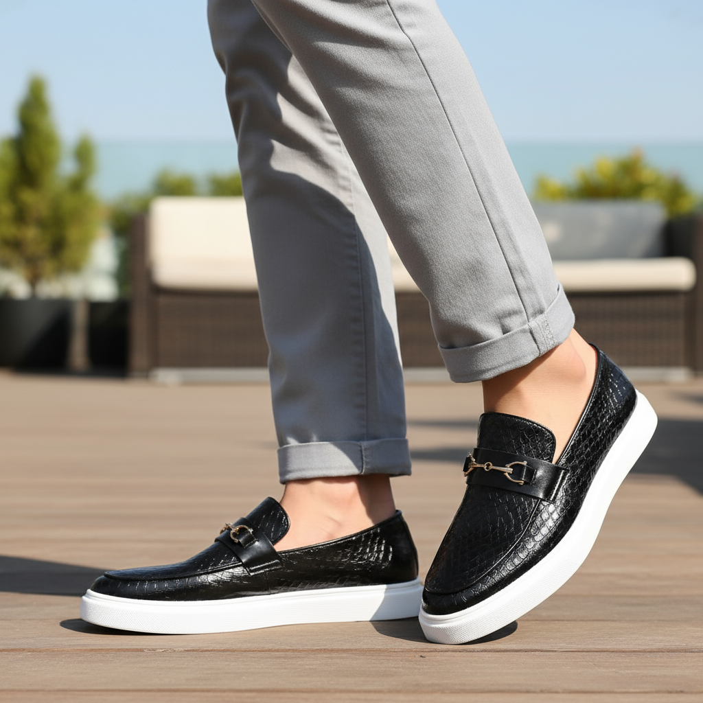 Herren Loafer Aus Prägebildetem Kunstleder Mit Schlangenprägung Und Metallschnalle