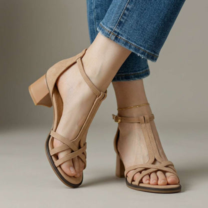 Damen-Sandalen Mit T-Riemen Und Blockabsatz, Stützende, Weiche Sohle