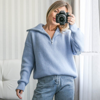 Women's Knit Sweater with Zipper Collar Long Sleeve