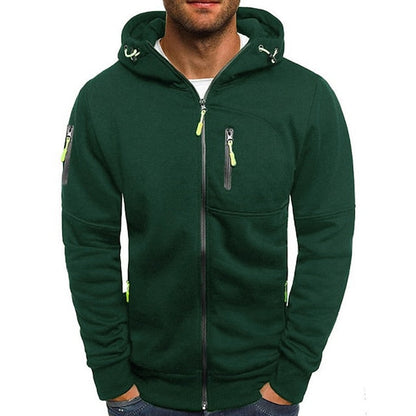 Grüne Herren-Kapuzenjacke mit Reißverschlüssen, sportlich und modern, ideal für Freizeit und Outdoor-Aktivitäten. Bequemer Hoodie für Männer.