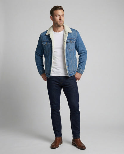 Gefütterte Jeansjacke für Herren mit Knopfleiste, Vorderansicht