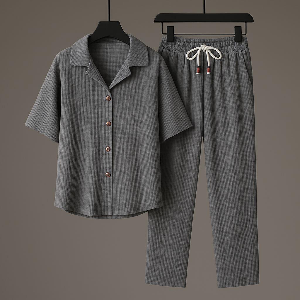 Men's Summer Set with Textured Look – Cord Pants and Shirt with Open Collar