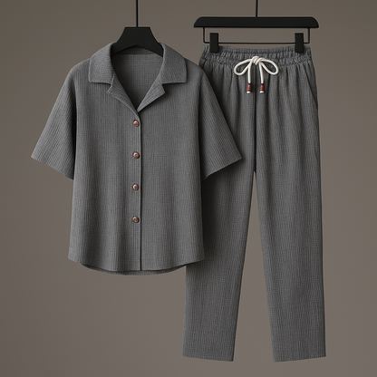 Men's Summer Set with Textured Look – Cord Pants and Shirt with Open Collar