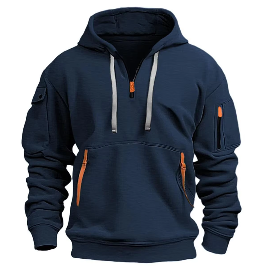 Dunkelblauer Herren-Hoodie mit Kapuze, Reißverschlüssen und Taschen. Bequeme Freizeitmode, ideal für Herbst und Winter. Sportlicher Stil.