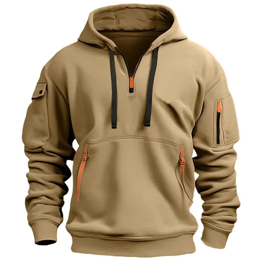 Beige Herren-Hoodie mit Reißverschlüssen, Kapuze und Taschen. Modischer Pullover für Freizeit und Outdoor. Bequeme, warme Sweatshirt-Jacke.