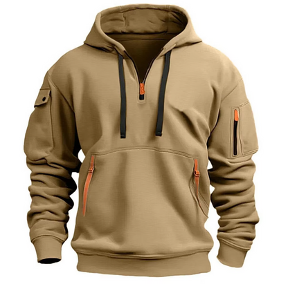 Beige Herren-Hoodie mit Reißverschlüssen und Kängurutasche, sportlich und modisch, ideal für Freizeit und Outdoor-Aktivitäten.