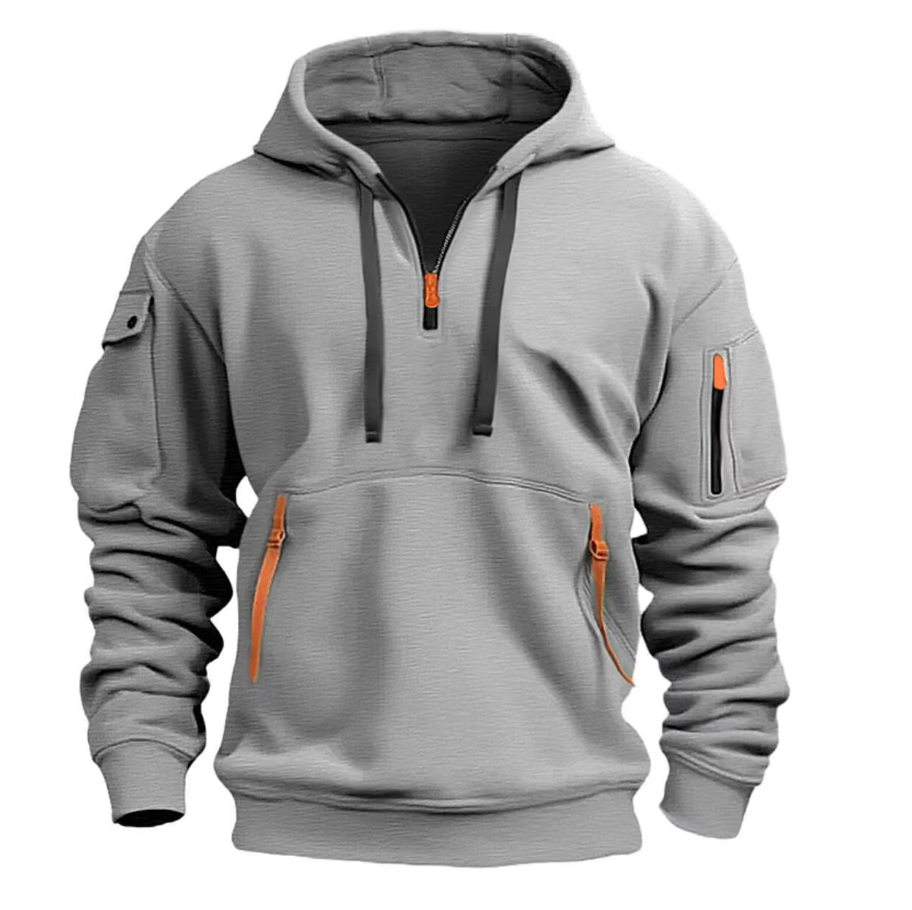 Grauer Herren-Hoodie mit Kapuze, Reißverschlüssen und Taschen, sportlich und modern. Ideal für Freizeit und Outdoor-Aktivitäten.
