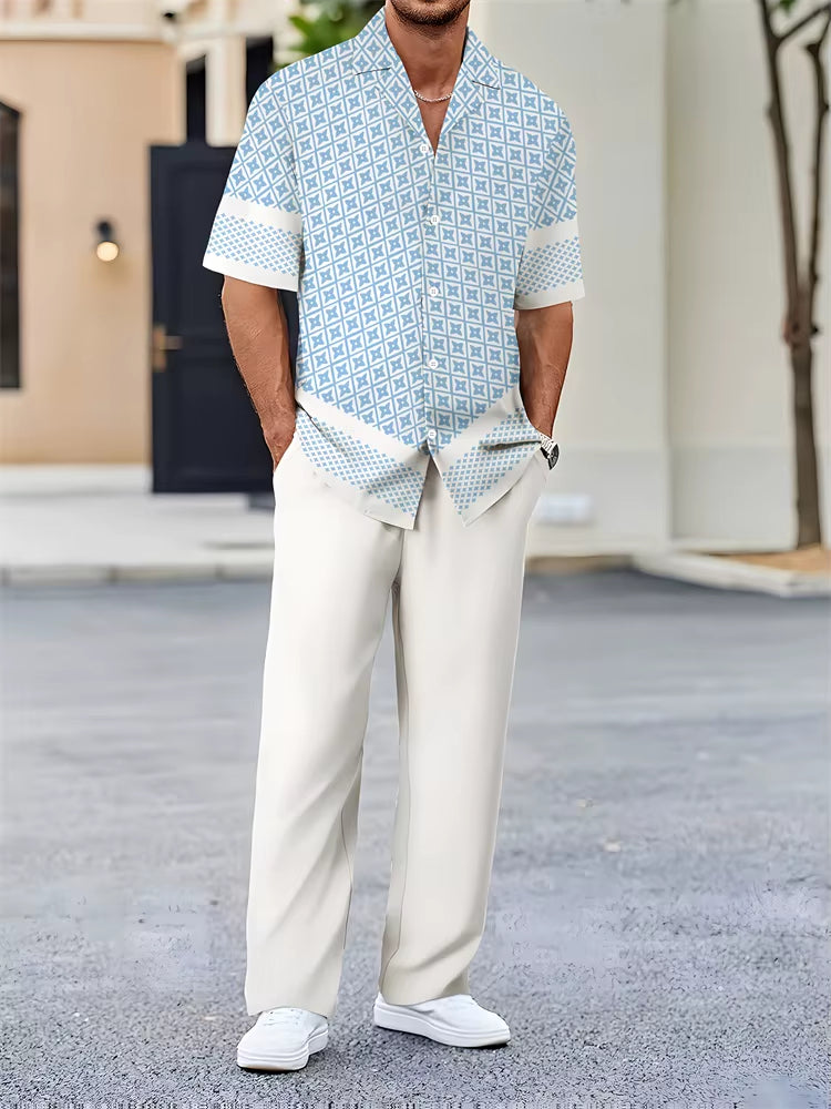 Herren Sommer Zweiteiler Set mit Geometrischem Muster – Lockerer Schnitt