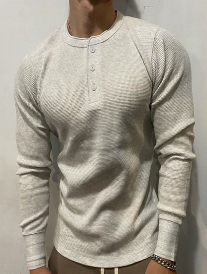 Herren Langarmshirt Slim Fit – Waffelstrick mit Henley-Kragen