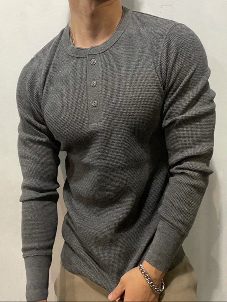 Herren Langarm-T-Shirt Mit Henley-Kragen, Waffelstruktur Und Schmaler Passform