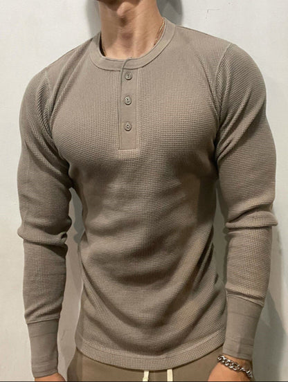 Herren Langarmshirt Slim Fit – Waffelstrick mit Henley-Kragen