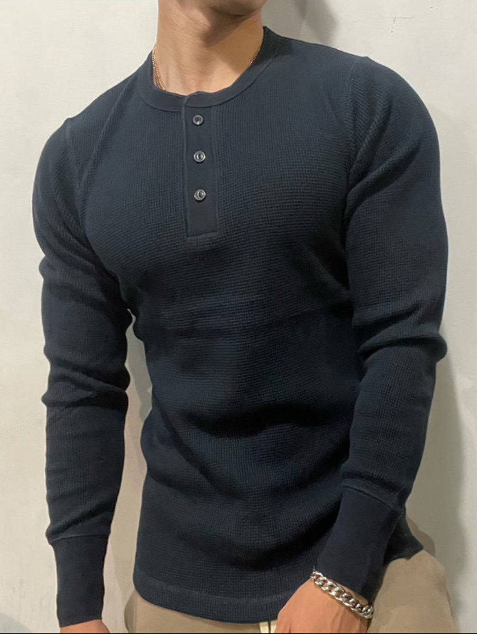 Herren Langarmshirt Slim Fit – Waffelstrick mit Henley-Kragen