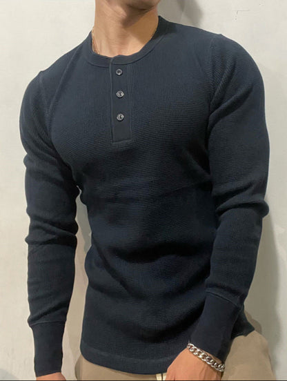Herren Langarmshirt Slim Fit – Waffelstrick mit Henley-Kragen