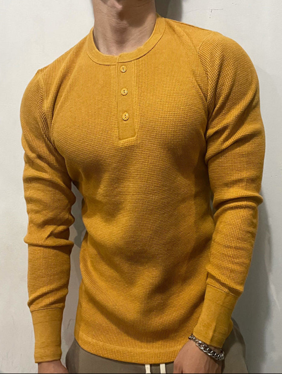 Herren Langarmshirt Slim Fit – Waffelstrick mit Henley-Kragen
