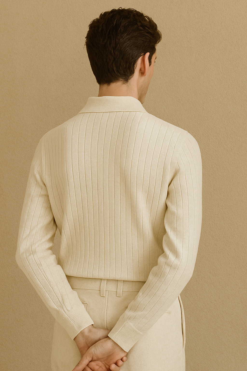 Men's Long-Sleeve Polo Shirt – Ribbed Texture with Open Collar in Cream
