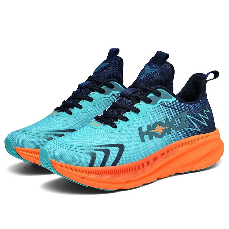 Türkisfarbene Laufschuhe mit orangefarbener Sohle und dunkelblauen Akzenten, ideal für Sport und Fitness. Moderne Sportschuhe für Herren.