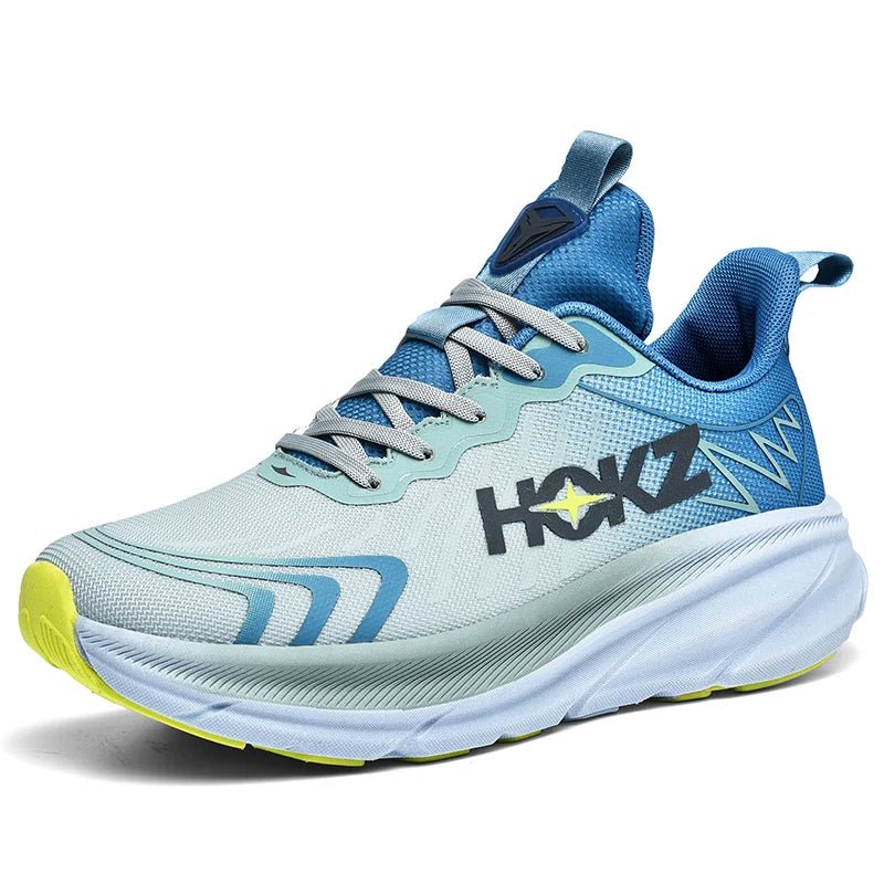 Blauer und grauer Laufschuh mit gelber Sohle, sportliches Design, atmungsaktives Mesh, ideal für Jogging und Fitness, HOKZ-Logo seitlich.