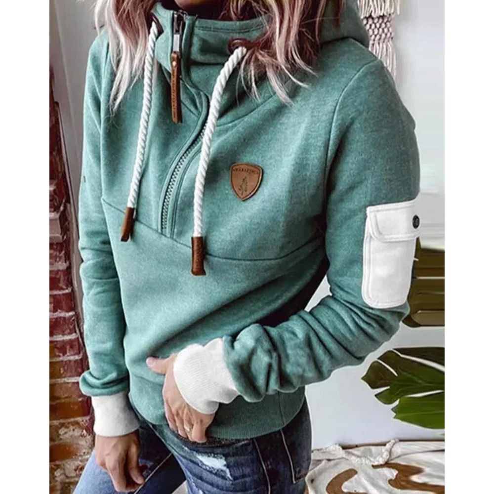 Women's Hoodie with Zipper, Drawstring, and Sleeve Pocket