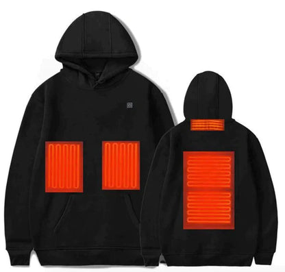 Schwarzer Hoodie mit leuchtend orangefarbenen Heizelementen vorne und hinten, ideal für kaltes Wetter. Bequeme, modische Heizkleidung.