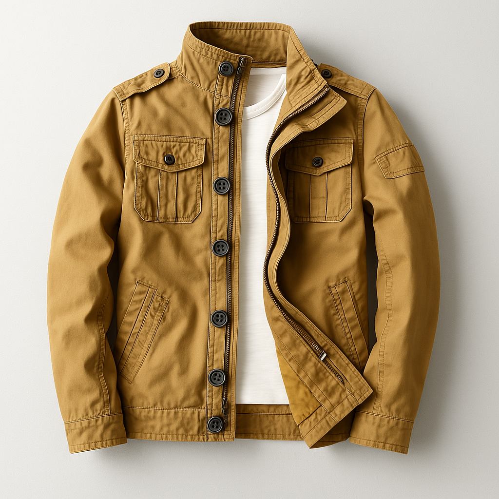 Braune Herrenjacke mit Knopfleiste und Brusttaschen, aus Baumwolle, auf weißem Hintergrund. Modische Herbstjacke, ideal für lässige Outfits.