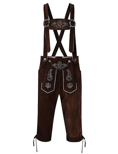 Braune Lederhose mit Hosenträgern und traditioneller Stickerei, bayerische Tracht, Oktoberfestmode, Herrenbekleidung, Kniebundhose.