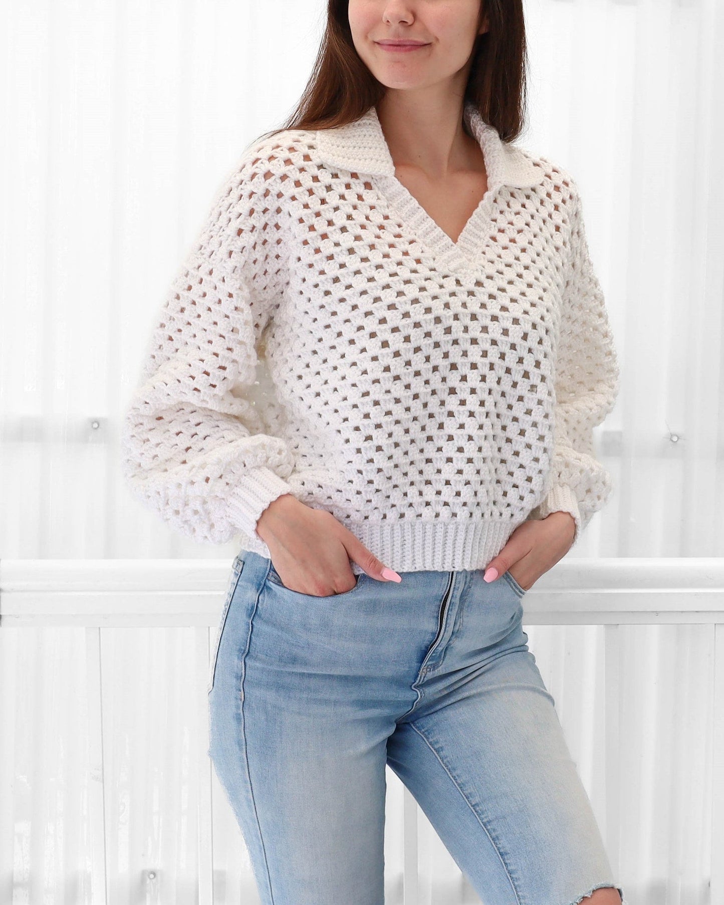Women's Crochet Polo Sweater Long Sleeve Loose Fit – Airy and Versatile