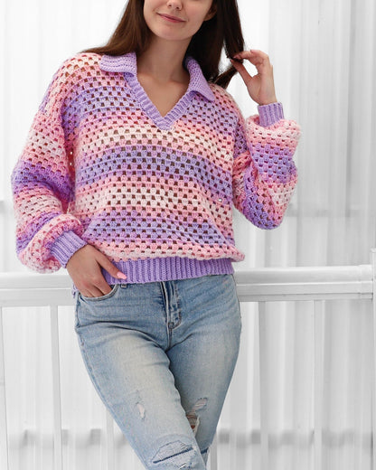 Women's Crochet Polo Sweater Long Sleeve Loose Fit – Airy and Versatile