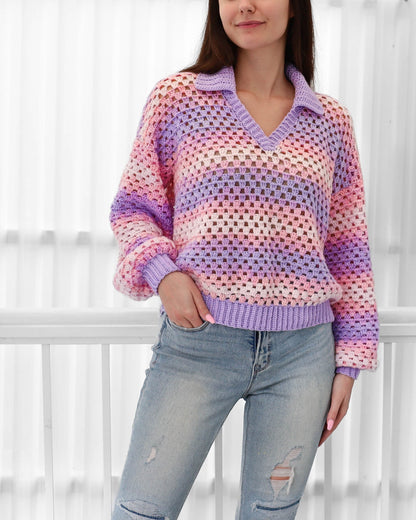 Women's Crochet Polo Sweater Long Sleeve Loose Fit – Airy and Versatile