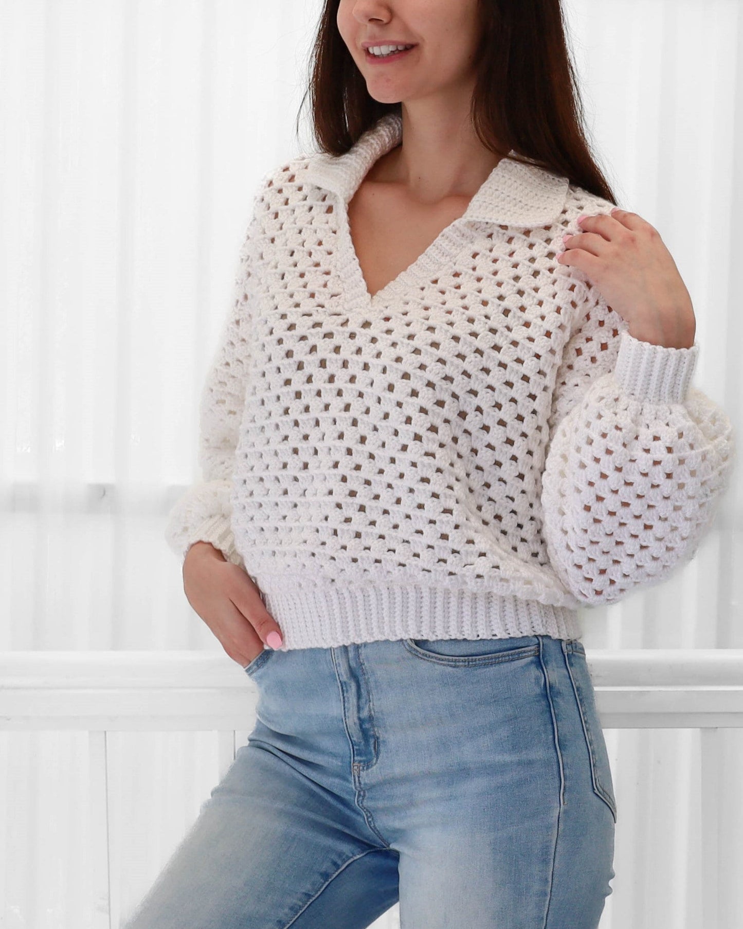 Women's Crochet Polo Sweater Long Sleeve Loose Fit – Airy and Versatile