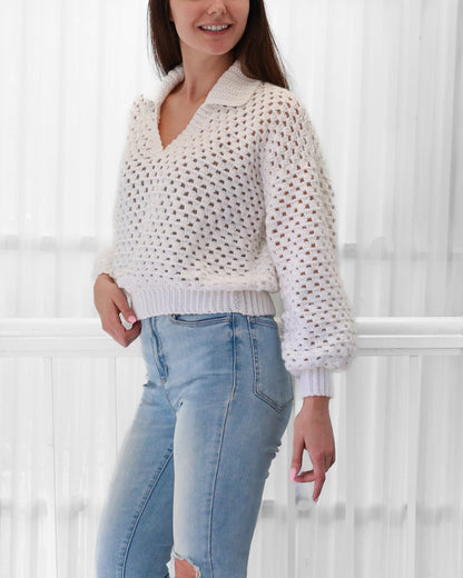 Women's Crochet Polo Sweater Long Sleeve Loose Fit – Airy and Versatile