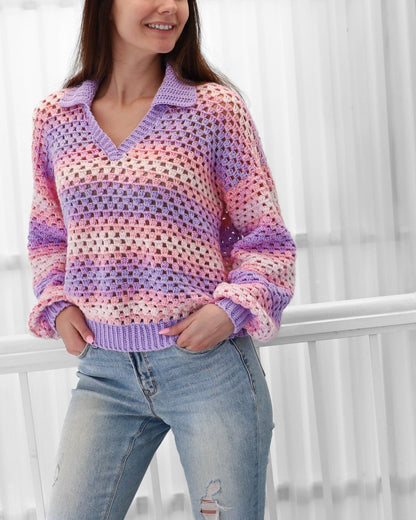 Women's Crochet Polo Sweater Long Sleeve Loose Fit – Airy and Versatile