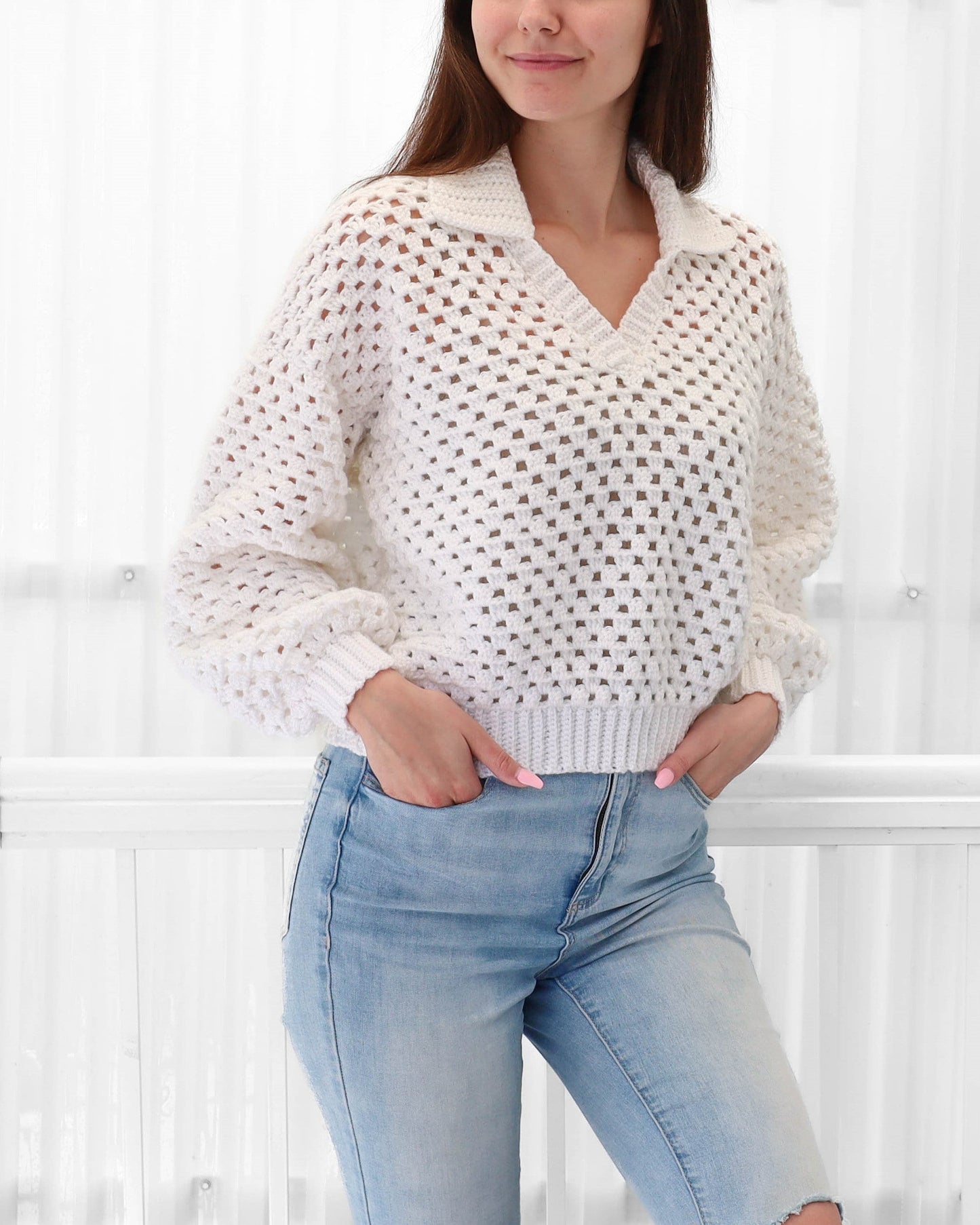 Women's Crochet Polo Sweater Long Sleeve Loose Fit – Airy and Versatile