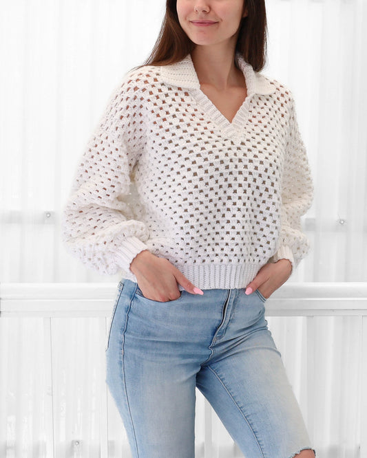 Damen Häkel-Polo-Sweater Langarm Lockerer Schnitt – Luftig und Vielseitig
