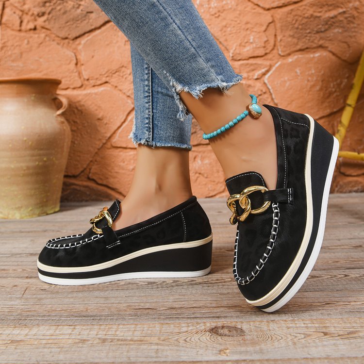 Women's Loafers Wedge Heel Orthopedic Padded Tone-on-Tone Leopard with Gold Details