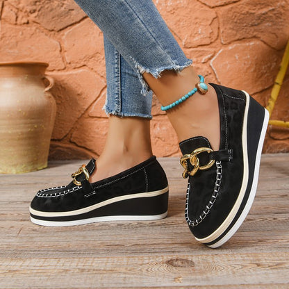Women's Loafers Wedge Heel Orthopedic Padded Tone-on-Tone Leopard with Gold Details