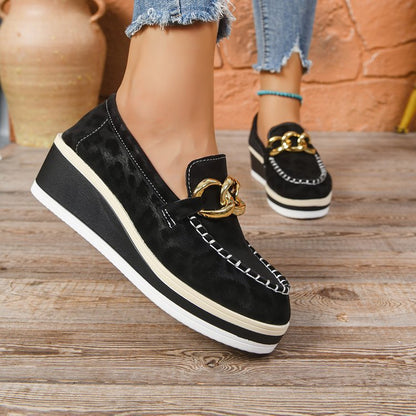 Women's Loafers Wedge Heel Orthopedic Padded Tone-on-Tone Leopard with Gold Details