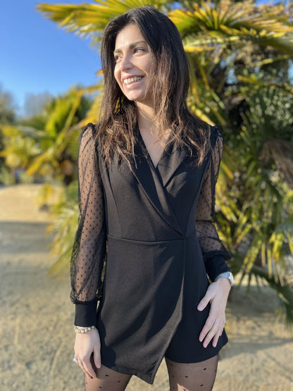 Damen-Jumpsuit mit Wickelkragen, Spitzenbesatz und Polka-Dot-Muster