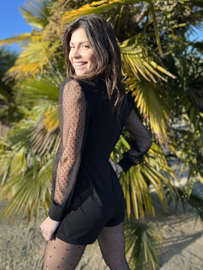 Damen-Jumpsuit mit Wickelkragen, Spitzenbesatz und Polka-Dot-Muster