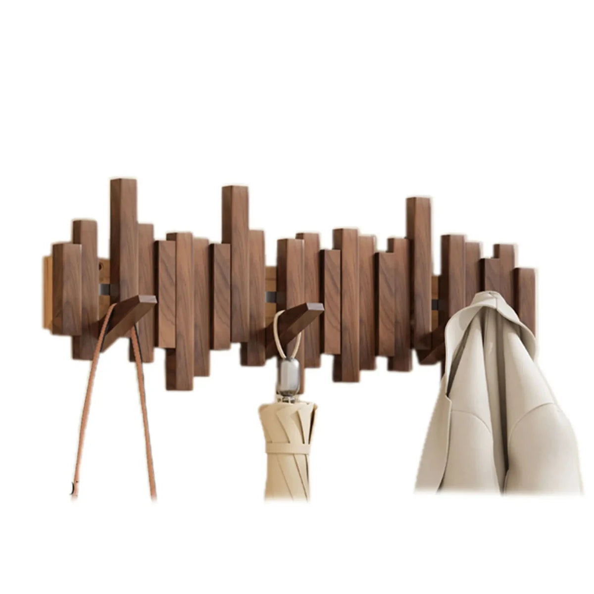Moderne Wandgarderobe aus Holz mit mehreren Haken, ideal für Mäntel und Schirme. Stilvolles Design, platzsparend, perfekt für Flur oder Eingangsbereich.
