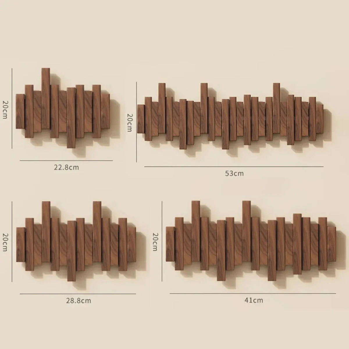 Vier moderne, geometrische Wandregale aus Holz in verschiedenen Größen, ideal für stilvolle Wohnraumdekoration. Maße: 22,8cm, 28,8cm, 41cm, 53cm.