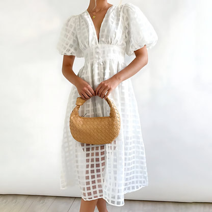 Damen Midikleid mit Puffärmeln und Geometrischem Muster